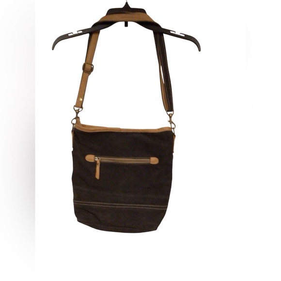 Peace and Goodness Upcycled Canvas Genuine Leather Trim Crossbody Bag EUC - Picture 3 of 5